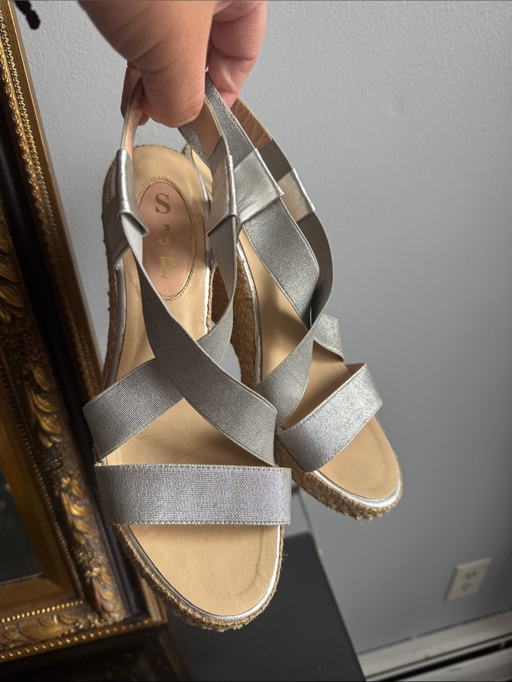 SJP by Sarah Jessica Parker Silver Metallic Espadrille Wedge Sandals size 8